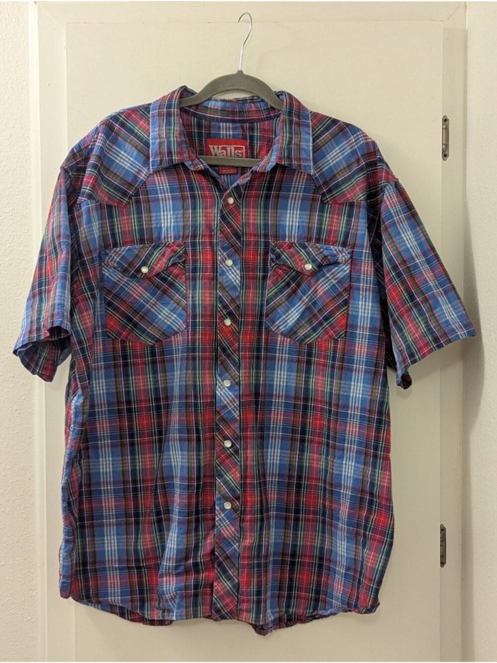 Walls Men's Plaid Short Sleeve Western Shirt XL 100% Cotton With Pearl Snap Butt